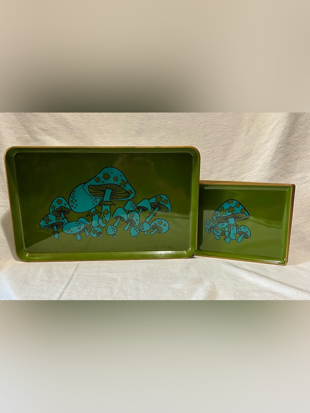 Vintage Takahashi Mushroom Tray Set 6pc Avocado Green Turquoise 70s Japan MCM - Picture 2 of 11